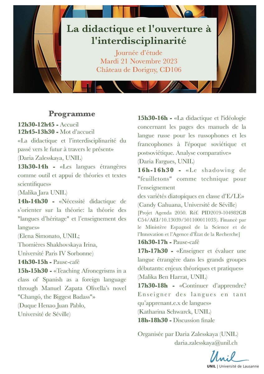 "La didactique et l'ouverture à l'interdisciplinarité", journée d'étude organisée par Daria Zalesskaya (Université de Lausanne), le 21 novembre 2023.