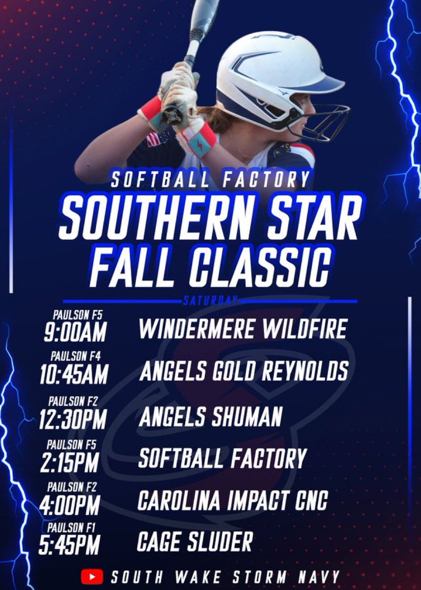 SWS is ready to hit the fields and finish the season strong with ✌️teams this weekend!!

⭐️Southern Star Fall Classic
📍Savannah, Georgia
📺 youtube.com/@SWStormNavy
⌚️Saturday game times below: