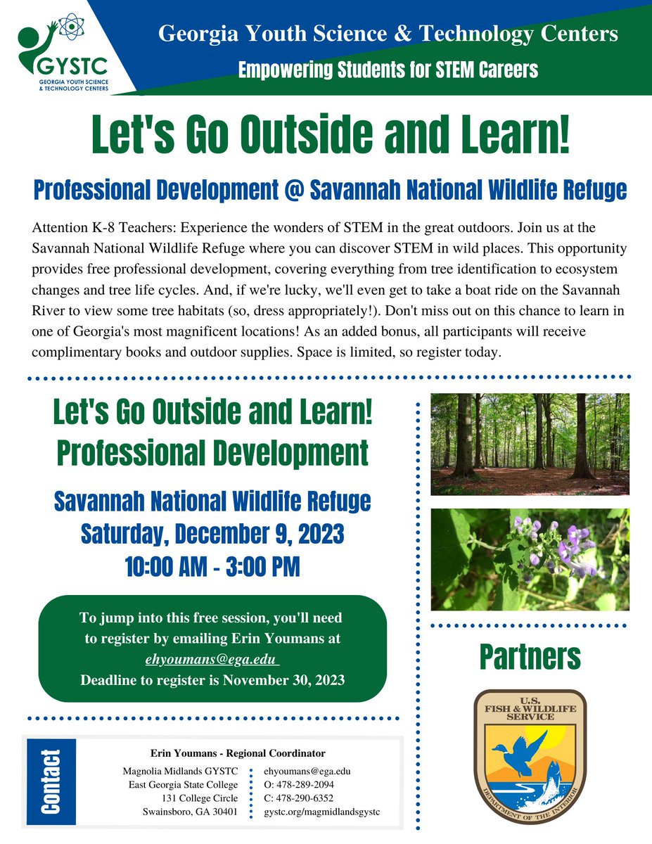 Attention K-8 Teachers, join us on Saturday, December 9 at the Savannah National Wildlife Refuge for our Let's Go Outside and Learn Professional Development! Registration is free, but space is limited so sign up today!
