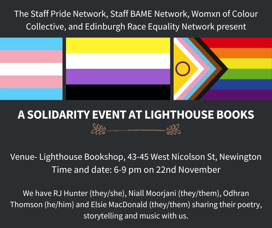 Please join us in this Solidarity event:
Feel free to drop in at any point 6-9 pm for community, conversation &amp; support. RJ Hunter (they/she) Niall Moorjani (they/them), Odhran Thomson (he/him) &amp; Elsie MacDonald (they/them) will share their poetry, storytelling &amp; music with us🙂