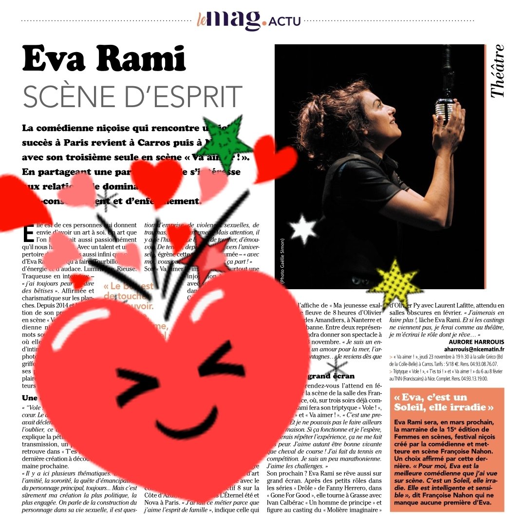 afjpcarros's tweet photo. #EvaRami dans les pages de @Nice_Matin présente #VaAimer programmé le 23.11 à l'@afjpcarros. Elle jouera sa trilogie #Vole! #TEsToi! #VaAimer ! au @TheatredeNice du 6 au 8 février 2024 dans le cadre du #FestivalTrajectoires #ÀvosAgendas https://t.co/V3rGbIQ5gv