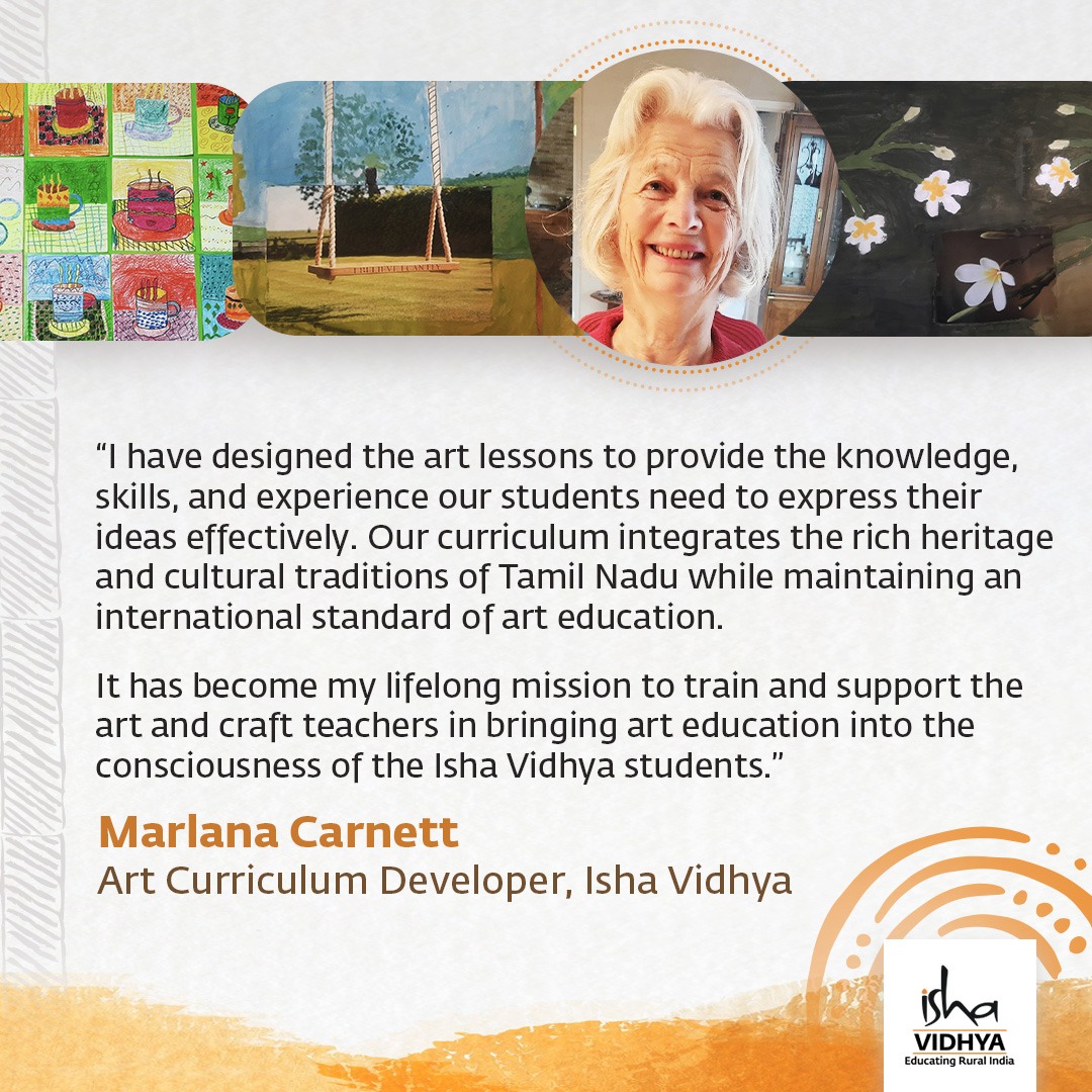 ishavidhya's tweet photo. Marlana Carnett has been an Isha Vidhya volunteer since 2013 and has developed seven art manuals that provide age-appropriate lessons. A graduate of Concordia University, Montreal, Canada, she has a Bachelor of Fine Arts, majoring in Art Education with a minor in Social Studies. https://t.co/plNLRPWklL