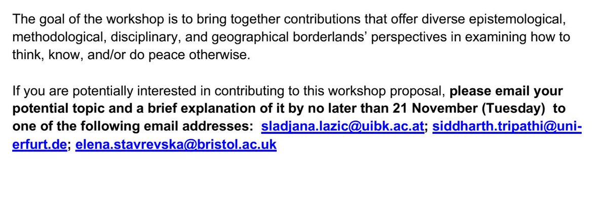 Sladjana Lazic (@sladjalazic) on Twitter photo Hello, <a href="/EBStavrevska/">Elena B. Stavrevska</a>, <a href="/siddharthtrip09/">Siddharth Tripathi</a> & I are looking for expressions of interest to participate in our workshop proposal "Thinking, Knowing, & Doing Peace Otherwise" for <a href="/europeanisa/">EISA</a>'s EWIS 2024, that is to be held 3-5 July 2024 in beautiful Istanbul. drive.google.com/file/d/1qPRoX8… Hello, <a href="/EBStavrevska/">Elena B. Stavrevska</a>, <a href="/siddharthtrip09/">Siddharth Tripathi</a> & I are looking for expressions of interest to participate in our workshop proposal "Thinking, Knowing, & Doing Peace Otherwise" for <a href="/europeanisa/">EISA</a>'s EWIS 2024, that is to be held 3-5 July 2024 in beautiful Istanbul. drive.google.com/file/d/1qPRoX8…