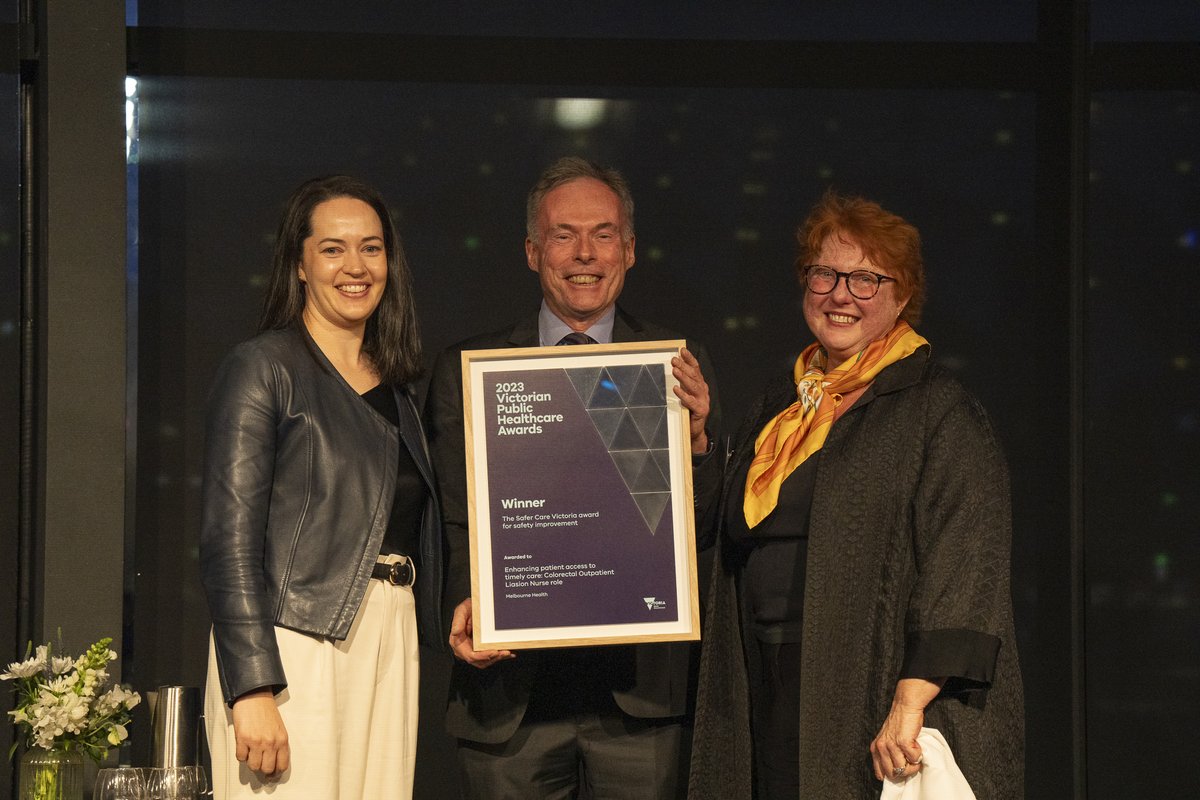 Congratulations to Melbourne Health and @TheRMH for winning The @SaferCareVic award for safety improvement. The successful introduction of an outpatient liaison nurse in Colorectal Surgery has significantly improved access to timely care #VPHAwards