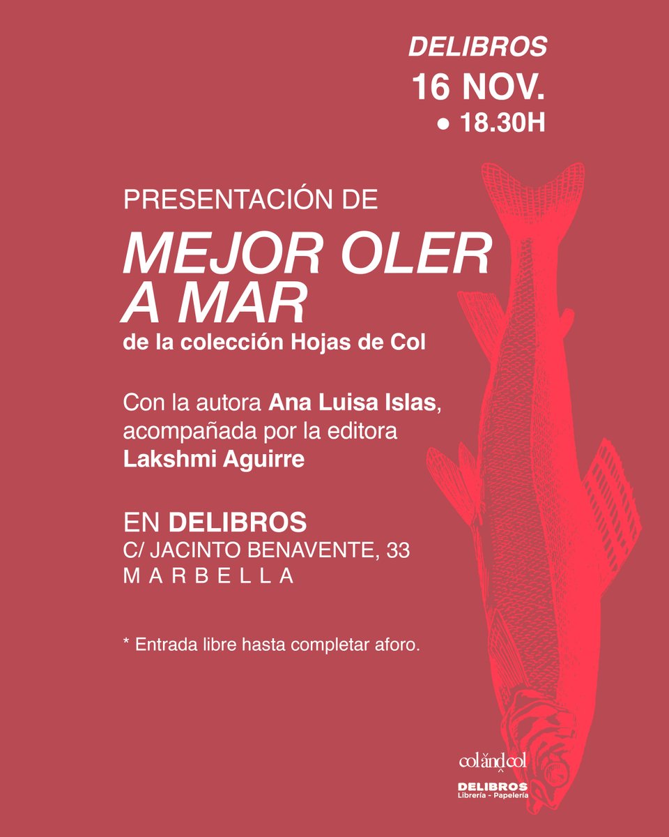Esta tarde, @analuisaislas y una servidora estaremos en la librería Delibros de Marbella presentando 'Mejor oler a mar'. 🌱🌊