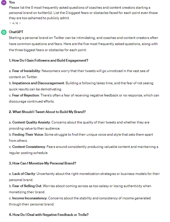 If you are running out of content ideas you should try this.

Save yourself from blank pages and a lack of ideas.

Try this method next time you struggle.

• Open ChatGPT.
• Edit the prompt for your target goal.
• Answer the questions for your audience.

Brainstorm like a pro.