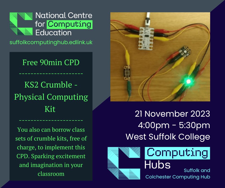 TeachCompSC's tweet image. Physical Computing will excite and inspire your students. Learn how to teach with the Crumble and borrow class sets, all 100% Free!
suffolkcomputinghub.edlink.uk/courses/