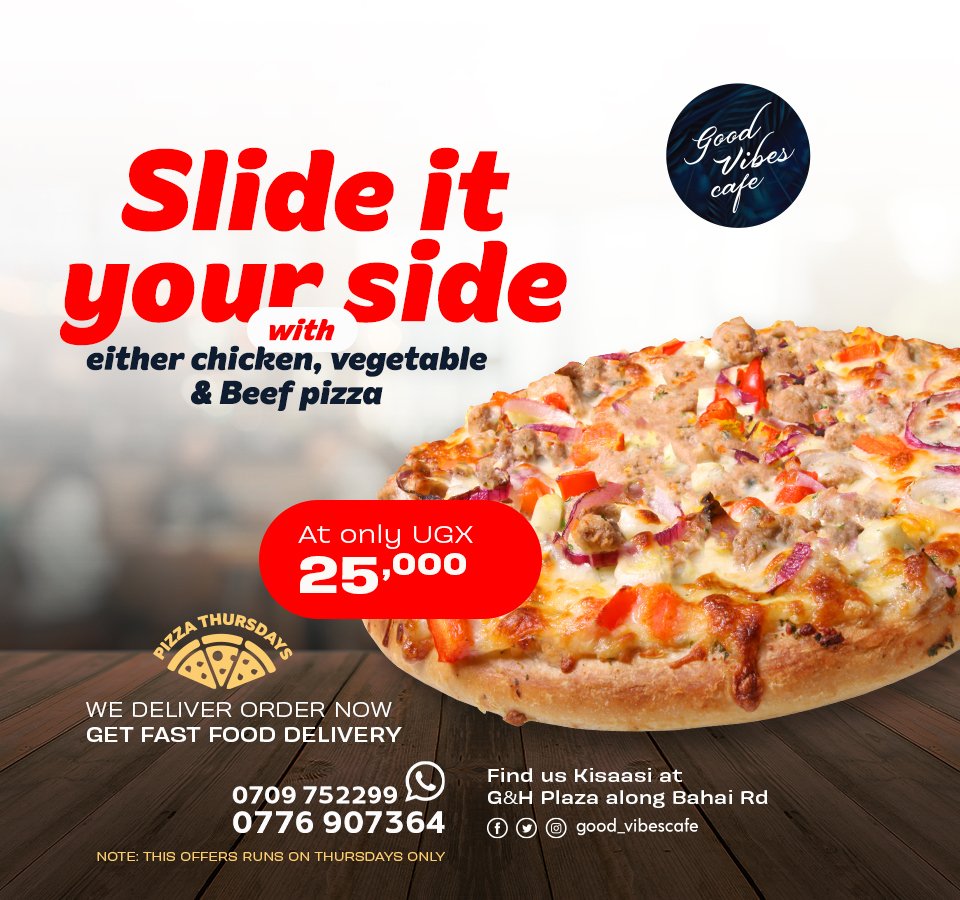 keep your friends close, and your pizza closer.

pizza is a way of life.

Come enjoy our tasty pizza every Thursday on discount for only 25,000 Ugx