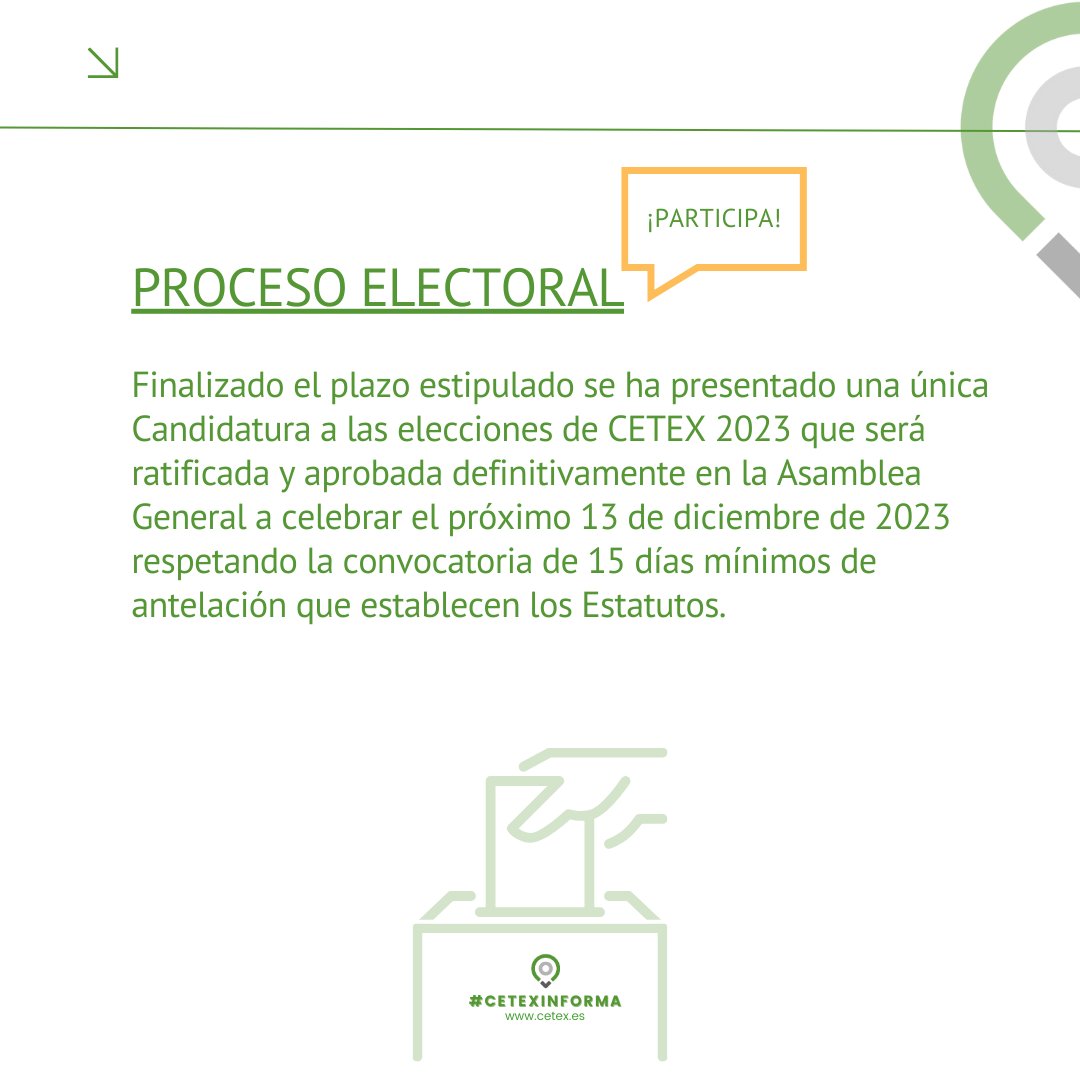 #CetexInforma 📣 Finalizado el plazo estipulado se ha presentado una única Candidatura a las elecciones de CETEX 2023 que será ratificada y aprobada definitivamente en la Asamblea General a celebrar el próximo 13 de diciembre de 2023.
#representatividadsectorial