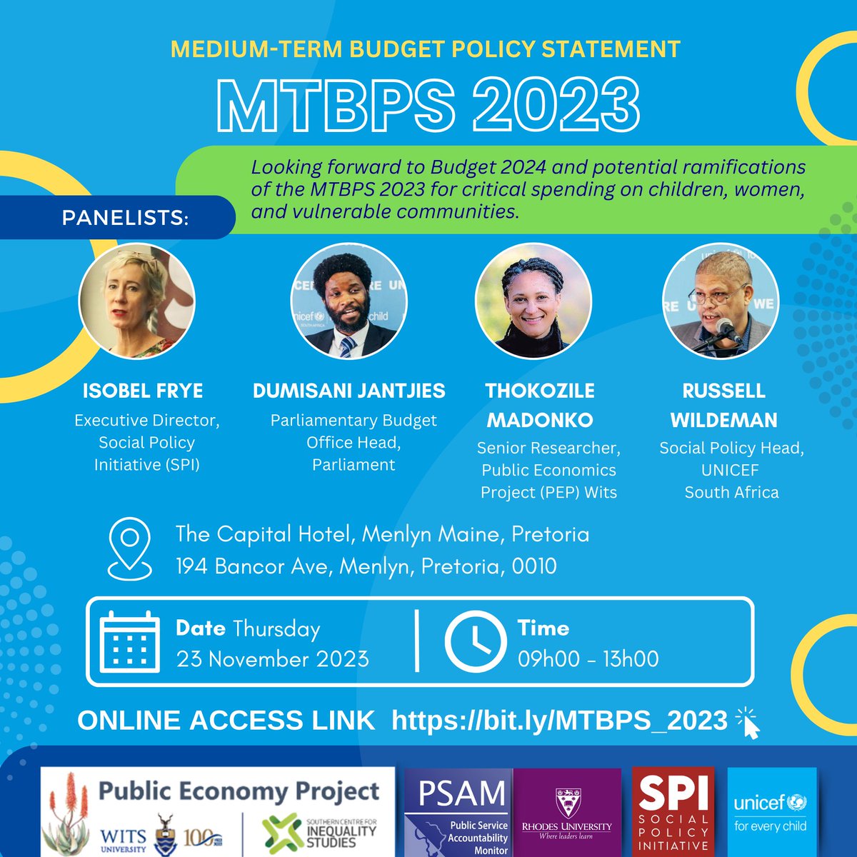 PSAM_AFRICA's tweet photo. With public hearings on #MTBPS2023 now underway in Parliament 🇿🇦, join us for a panel discussion on the medium term budget and #Budget2024. The session is co-hosted by @UNICEF_SA, PSAM, @Wits_SCIS and @SPI_OfficialZA and promises to be insightful 💥💫 #GenderBudgeting #children https://t.co/VjXdsP1H1v