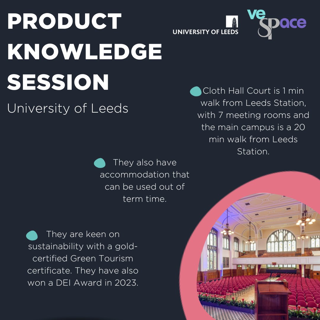 We had a product knowledge session with @univeristyofleeds about their fantastic event spaces. We were so impressed with their D&amp;I Policies and their recent award win, as well as their Gold Tourism Award 💚Thank you for chatting with us, we loved learning about the event spaces!