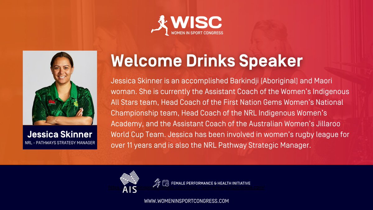 WISCongress's tweet photo. Jessica Skinner is our #WISC2024 Welcome Drinks speaker!

Jess will discuss her journey as a First Nations woman in sport, from remote NSW to coaching the @NRLWomens Indigenous Academy, and as assistant coach of the @AusJillaroos.

Full bio 👉 https://t.co/RP46lRfJIh

🤝 @theAIS https://t.co/deD3wthgxq