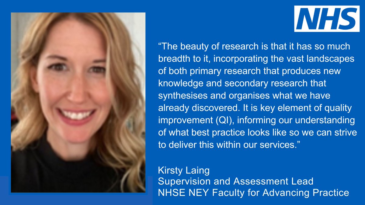 NHSWTE_NEY's tweet image. See what Kirsty Laing, Supervision and Assessment Lead for NHSE NEY Faculty for Advancing Practice, thinks of research in Advanced Practice below ⬇️ 

#AdvancingPractice2023