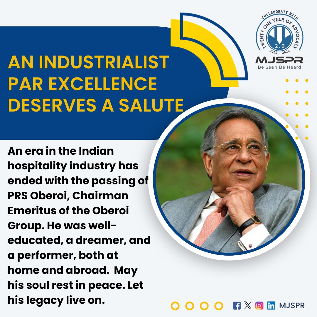 An industrialist par excellence deserves a salute 

#PRSOberoi #OberoiGroup #IndianHospitality #Legacy #RestInPeace #HospitalityIndustry #ChairmanEmeritus #Dreamer #Performer #Legend