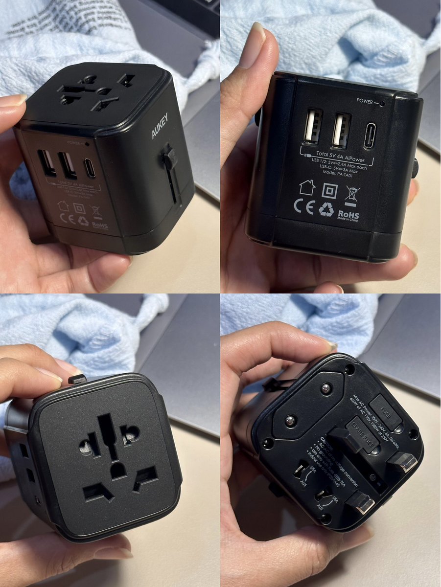 Maymaevistaz's tweet photo. ใครมีแพลนอยู่หรือไปเที่ยวตปทบ่อย เราแนะนำว่าน่ามี universal adapter ดีๆสักอันนะ ยี่ห้อนี้โอเคเลย แปลงได้ทั้ง US/AUS/UK/EUROPE ครบ🤌🏻⭐️ เราชอบที่เค้ามีช่อง usb-c คือเสียบกับโทรศัพท์ได้เลยสะดวกสุดๆ https://t.co/MeeAaQUOdi