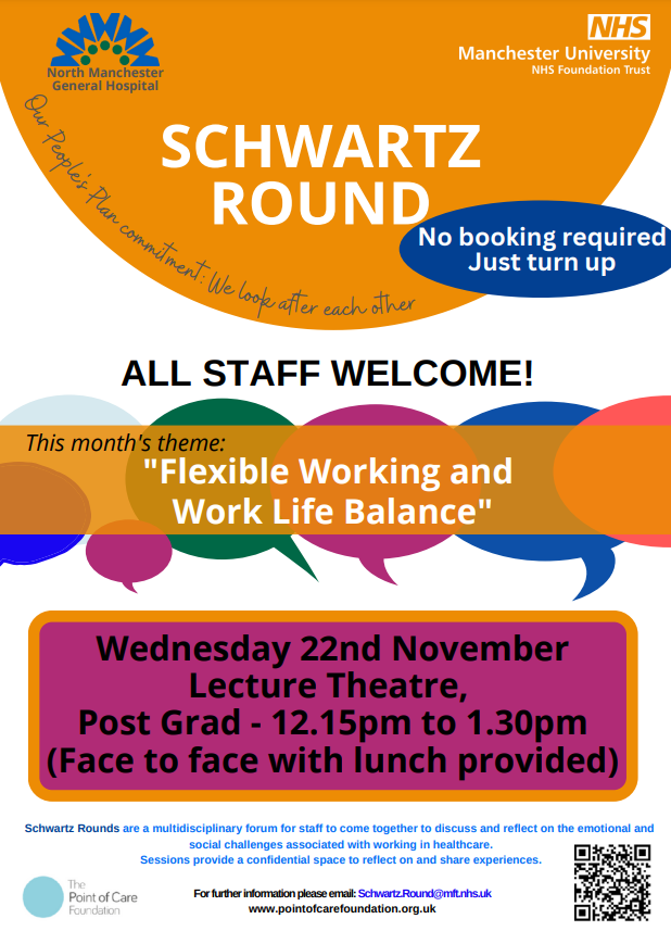 North Manchester General Hospital (@northmcrgh_nhs) on Twitter photo 📢Colleagues at NMGH: Only 2 days to go, Wednesday 22nd November at 12.15pm. Join us for a Schwartz Round session face to face, including lunch, and spend time out reflecting on the speakers’ stories. #allstaffwelcome #teamNMGH
<a href="/PointofCareFdn/">The Point of Care Foundation</a> @MFTNHS 📢Colleagues at NMGH: Only 2 days to go, Wednesday 22nd November at 12.15pm. Join us for a Schwartz Round session face to face, including lunch, and spend time out reflecting on the speakers’ stories. #allstaffwelcome #teamNMGH
<a href="/PointofCareFdn/">The Point of Care Foundation</a> @MFTNHS