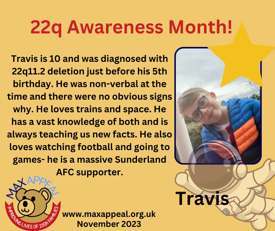MaxAppealUK's tweet photo. 22q Awareness. This is Travis and he loves trains & space. He teaches his parents and friends new facts. Also loves Sunderland AFC. #maxappeal #22q https://t.co/D7YIEmf1vS