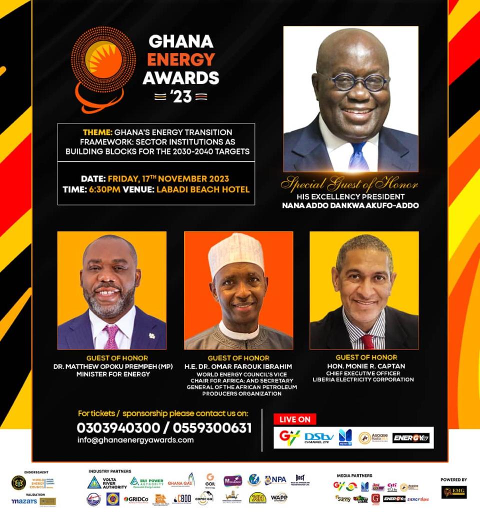asaaseradio995's tweet image. 🌟 Join the 7th Ghana Energy Awards on Nov 17, 6:30 PM at Labadi Beach Hotel! 
Special Guest: H.E. Nana Addo Dankwa Akufo-Addo. 🇬🇭 Tickets &amp;amp; Info: ☎️ 030 394 0300. Let&apos;s celebrate excellence! 🎊 #GhanaEnergyAwards #EnergyTransition2023