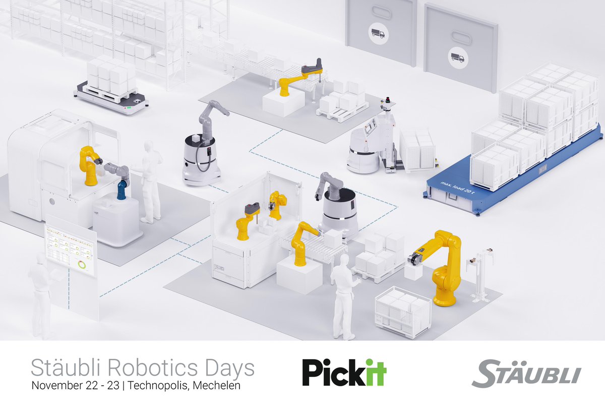pickit3d's tweet photo. 📣 Just one week to go for the Stäubli Robotics Days on Nov 22 and 23! Pickit 3D is there with a 3D robot vision depalletization demo. 📦🤖 Haven't registered yet? Register now at https://t.co/tdOY1v4h0R.
#StäubliRoboticsDays #Pickit3D #Robotics #Innovation #Sustainability https://t.co/ZwHE8tnibr