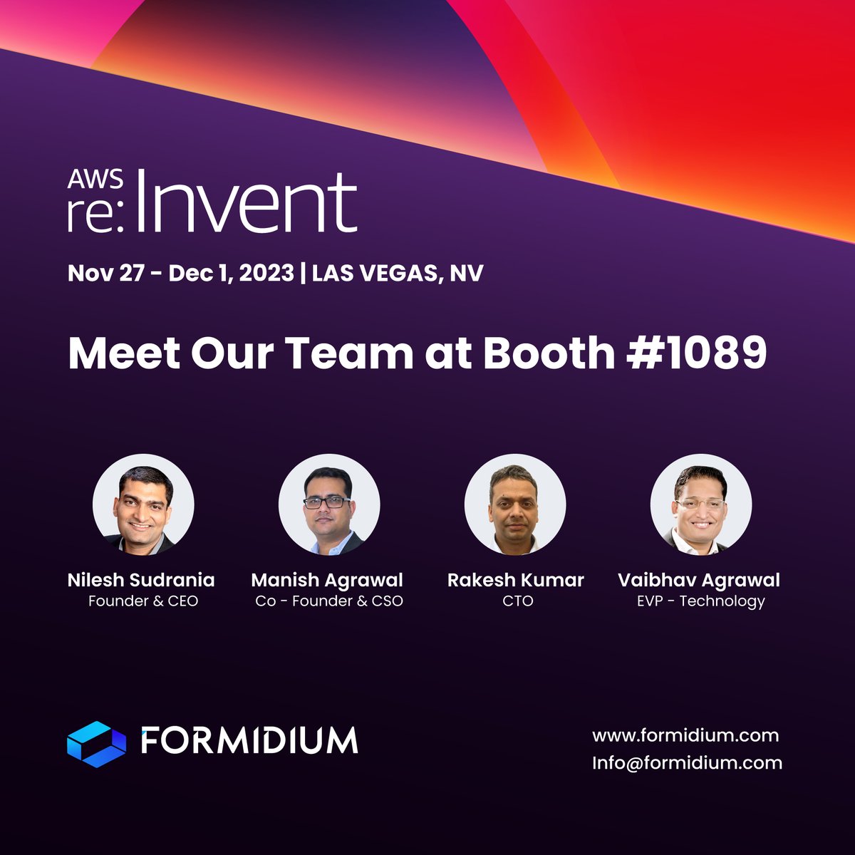 sukhnani_neha's tweet image. Thrilled to announce our participation as a showcase sponsor at AWS:reinvent 2023! Visit us at booth #1089to witness how #Formidium is revolutionizing the fintech industry 
Book a meeting at: lnkd.in/dvCUeZtG
Email us at: info@formidium.com