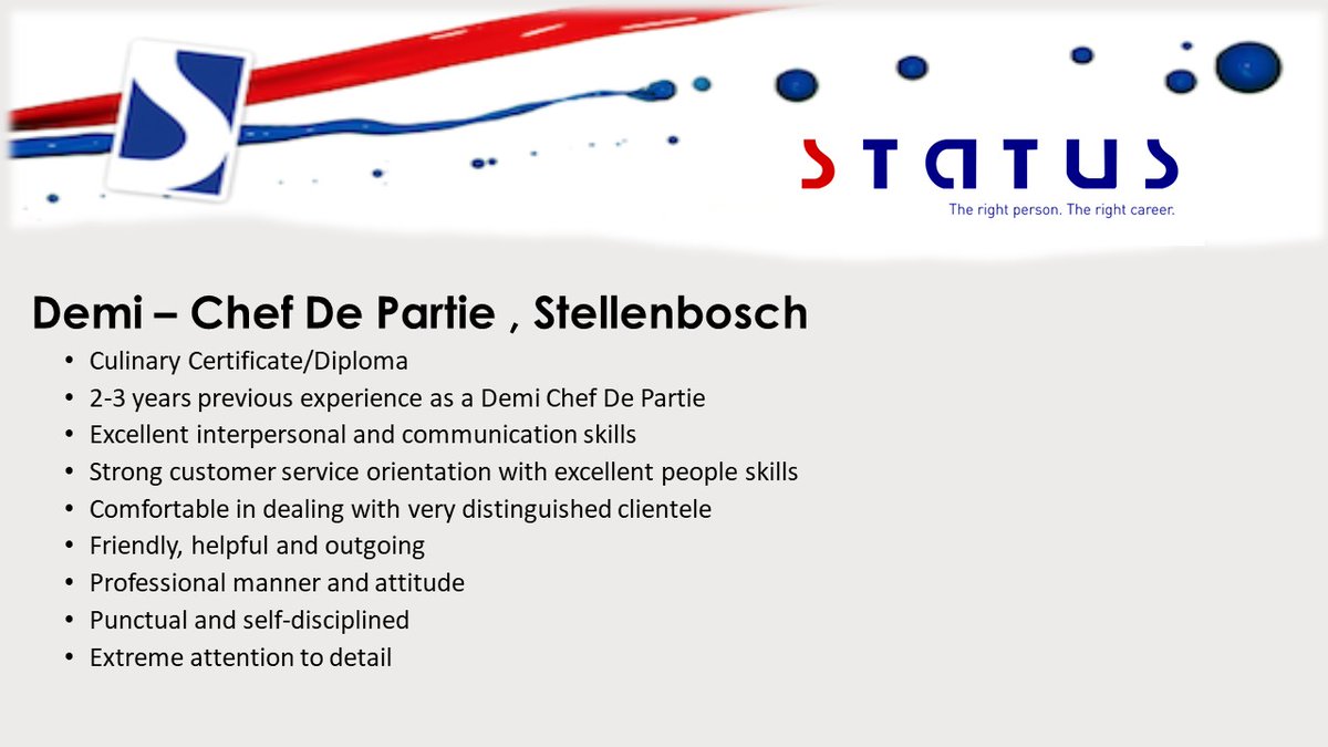 StatusStaffing's tweet image. Demi - Chef de Partie with a Culinary Certificate / Diploma and 2 - 3 years' experience   placementpartner.co.za/wi/vacancy/?id…   #statusstaffing #demichefdepartie #chefdepartie #hospitality #culinary