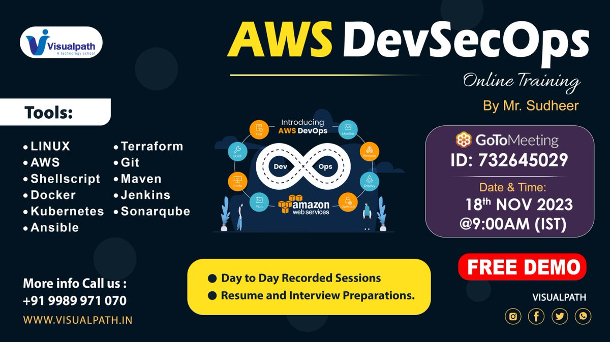 VisualpathPro's tweet image. Join link: bit.ly/47h64uk
Online Free Demo On AWS DEVSECOPS by Mr. Sudheer on 18th Nov, 2023 (Sat) @ 9 AM IST
Call: +91 9989971070.
Visit: visualpath.in/devops-online-…
#DevSecOps #DevOps #DevOpswithAWS #Visualpath #awsdevops #devopsengineer #linux #awscloud #AWS #clouds