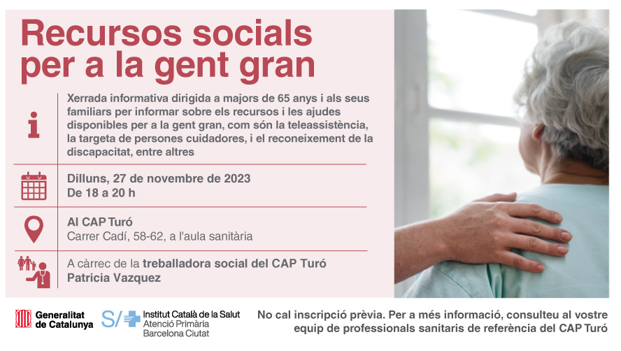 Quins són els recursos socials disponibles per a la gent gran?
Teleassistència, reconeixement del grau de discapacitat, la targeta de persones cuidadores...

Si vols informació sobre aquests recursos, el #CAPTuró organitza una xerrada el dilluns 27 de novembre, a les 18 h