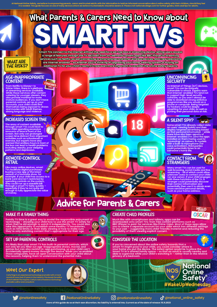 ldprimaryschool's tweet photo. Smart TVs have become more affordable in recent years. 

This increased functionality, however, also brings additional threats to privacy, security and more –  Our guide breaks down the major risks, with tips on helping children to enjoy TV … stress free. https://t.co/OxEqKadMnI