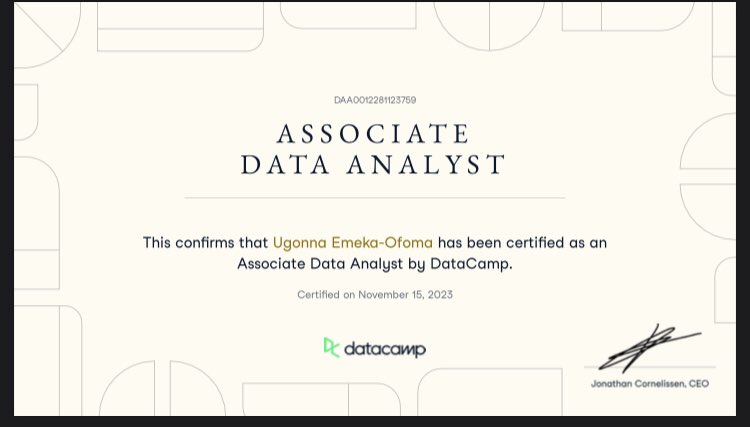 ugonna09's tweet photo. It took such a long time to prepare for this and after two attempts, i’m happy and proud to have finally gotten the Associate Data Analyst Certification from @DataCamp.
my continuous gratitude goes to @Ingressive4Good for the Datacamp Scholarship, it’s been level changing. https://t.co/LPgjnzK4GQ