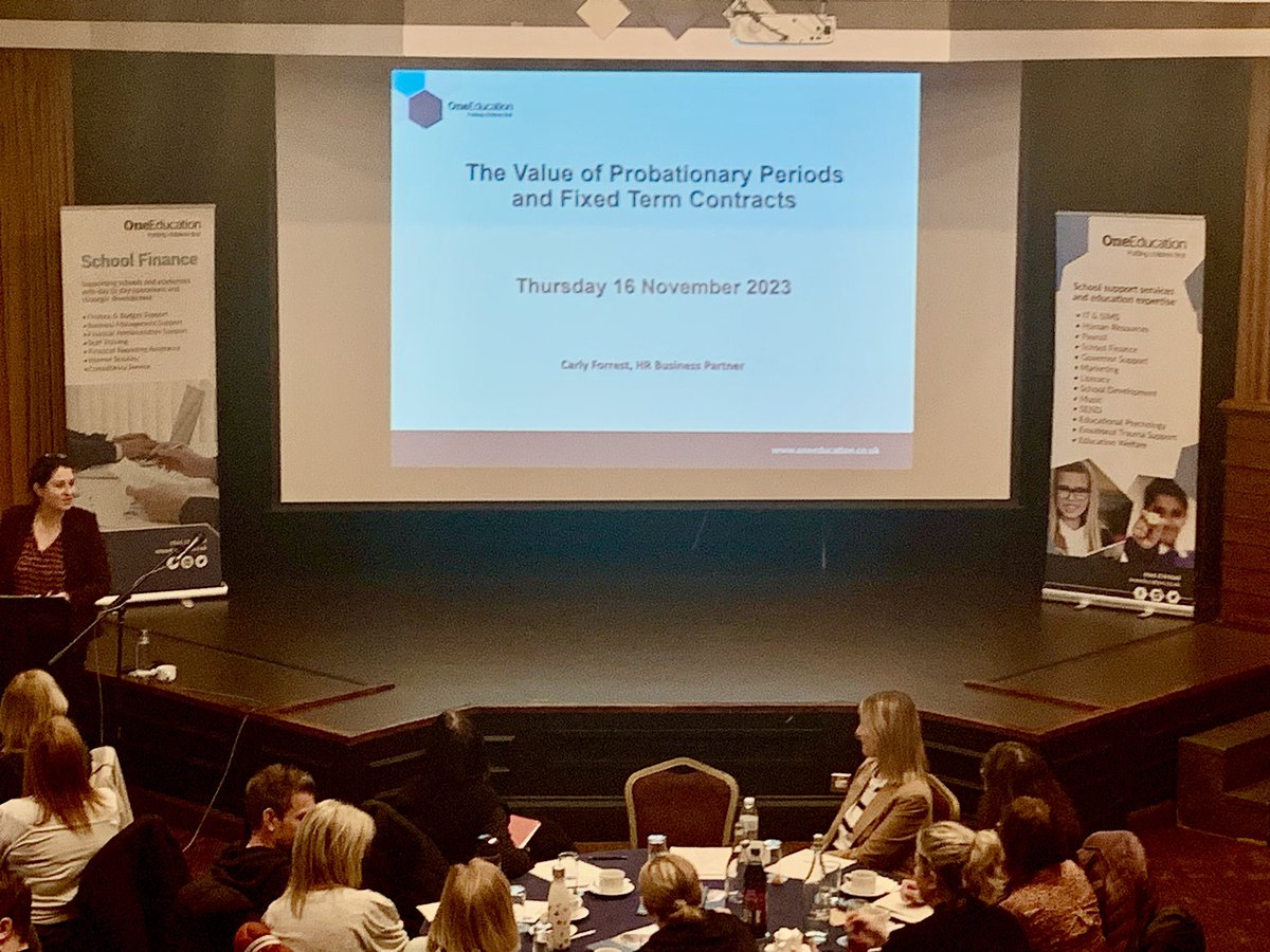 OneEducationHR's tweet photo. Carly Forrest now providing #HR   workshop on ‘The value of Probationary Periods &amp; Fixed Term Contracts’ at today’s @OneEducation Autumn Finance Event in partnership with @MTSBLForum with over 70 SBM’s from across Greater Manchester. https://t.co/0JdupVfviS