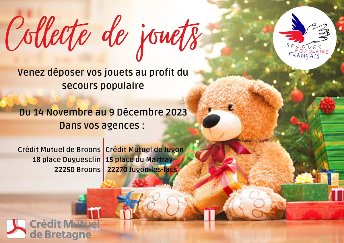 cmbbroonsjugon's tweet photo. 🚨 Votre Crédit Mutuel de Bretagne organise une collecte de jouets au profit du secours populaire Français !
Vous souhaitez donner une seconde vie à vos jouets, rdv dans votre agence CMB Broons-Jugon.🧸 https://t.co/UTvWiJVBb4