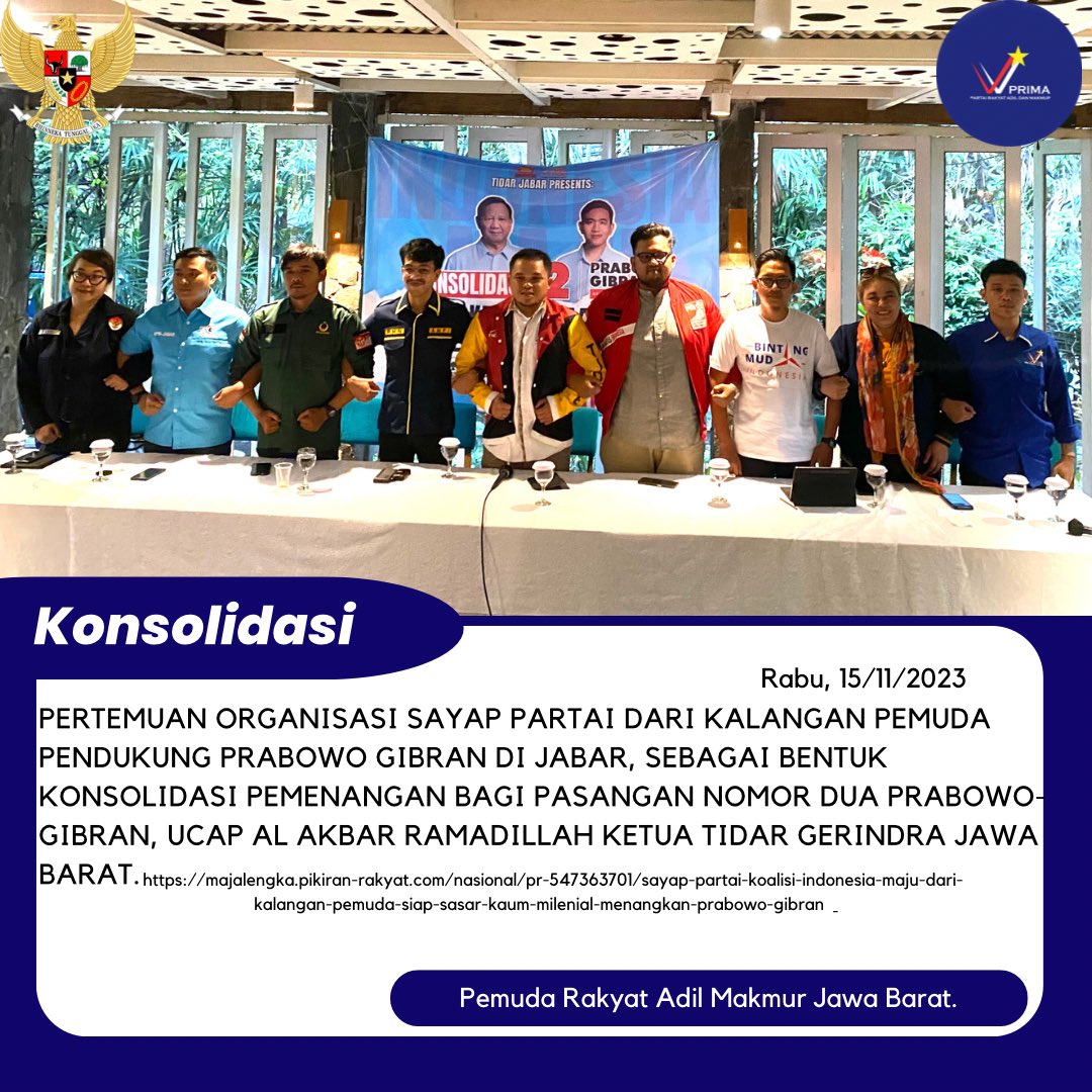 Pemuda Rakyat Adil Makmur Jawa Barat Bersama Prabowo-Gibran 2024 untuk Indonesia Maju.👉🏼🫰🏼

majalengka.pikiran-rakyat.com/nasional/pr-54…

#IndonesiaPrima
#prabowogibran2024 
#menangkanpancasila
#allinprabowo2024