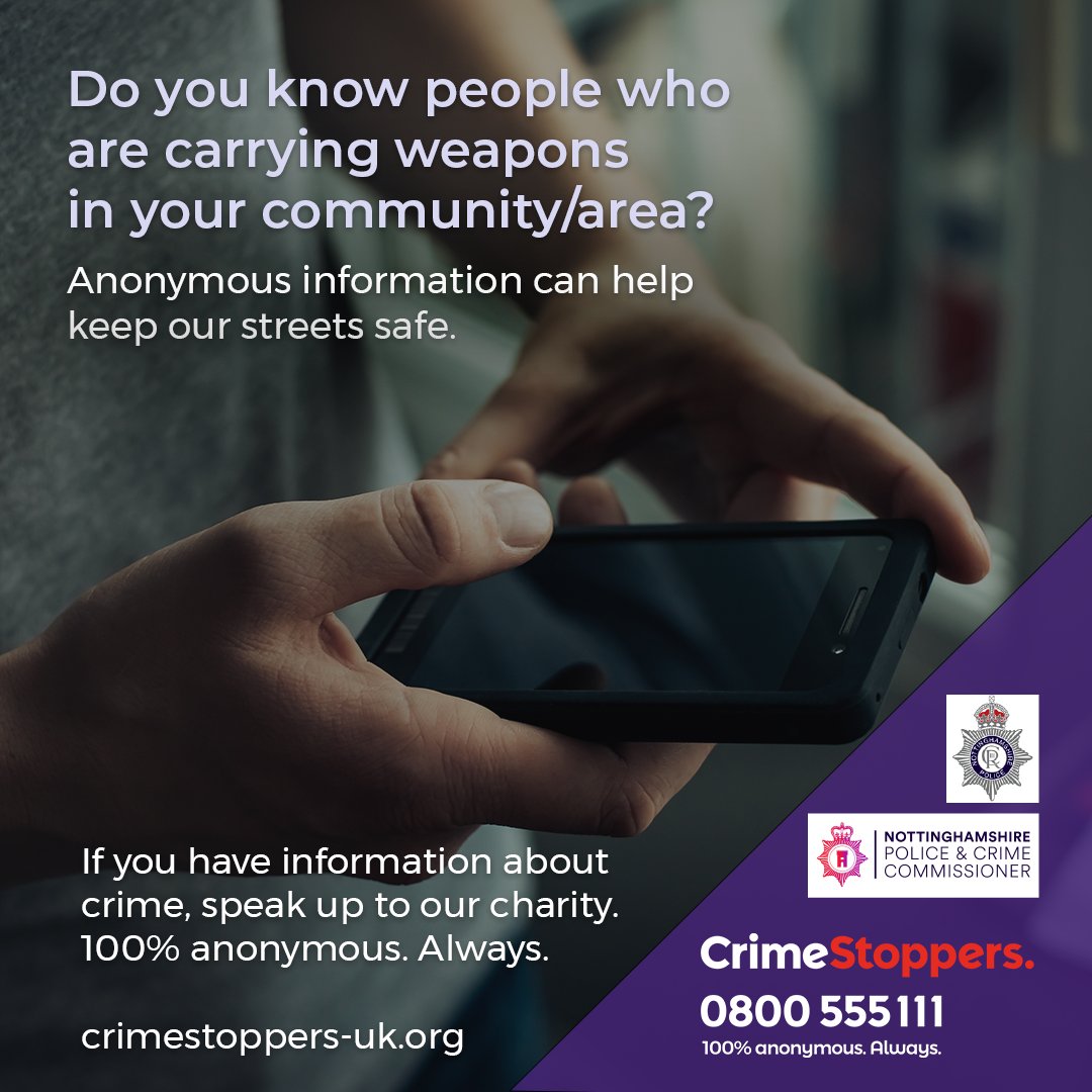 nottspolice's tweet photo. Don’t stay silent❗
Help us keep our streets safe.
Speak up now. 🗣️
Call Crimestoppers on 0800 555 111 and your report will remain 100% anonymous.
#NottsAgainstKnives https://t.co/Y1nxnQ1M1t