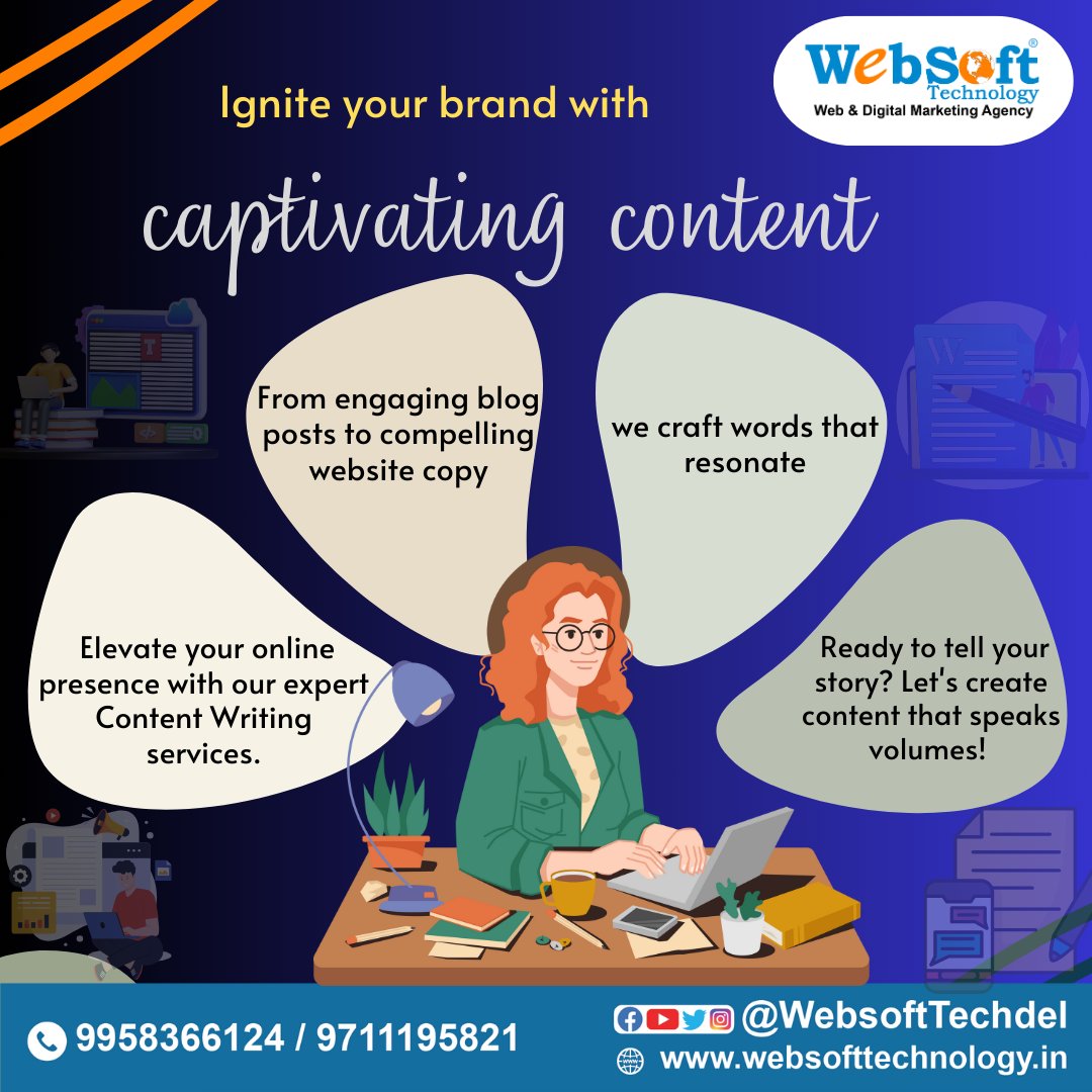 WebsoftTechDel's tweet photo. ✍️ Ignite your brand with captivating content! 🔥 Elevate your online presence with our expert Content Writing services. 🚀  🌐📝 #ContentWriting #DigitalMarketing #BrandStorytelling #CreativeCopywriting #ContentCreation #WordsThatWork https://t.co/tCpKRflsJV