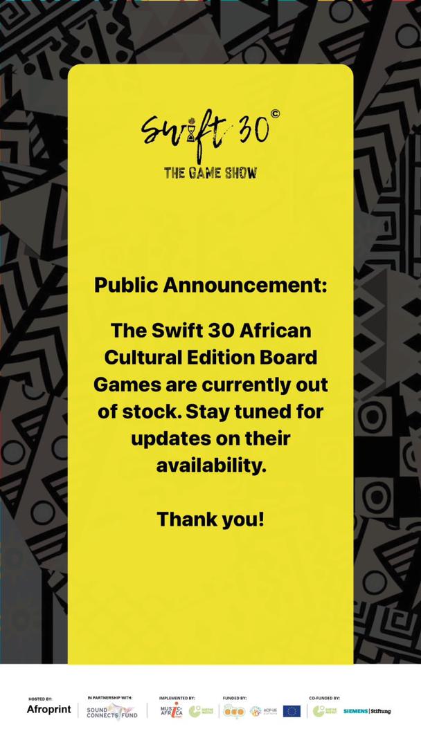Swift30GameShow's tweet photo. Stay tuned for updates on the Swift 30 Cultural Edition Board Games. 💛
#RollADice #Swift30 #Afroprint #soundconnectsfund #soundconnectsus #MIAF #GoetheInstitut #ACPEUcultureprogramme #EU #OACPS https://t.co/Uaa7BMTcmH
