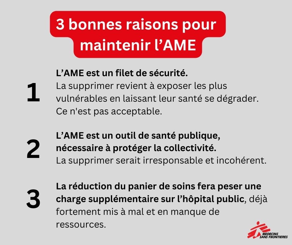 La suppression de l'#AME votée par le <a href="/Senat/">Sénat</a> est une grave régression. En vue de l’examen du #PJLImmigration à l'<a href="/AssembleeNat/">Assemblée nationale</a>, hier #MSF a exposé aux rapporteurs de ce texte 3 bonnes raisons pour maintenir l’AME 👇
