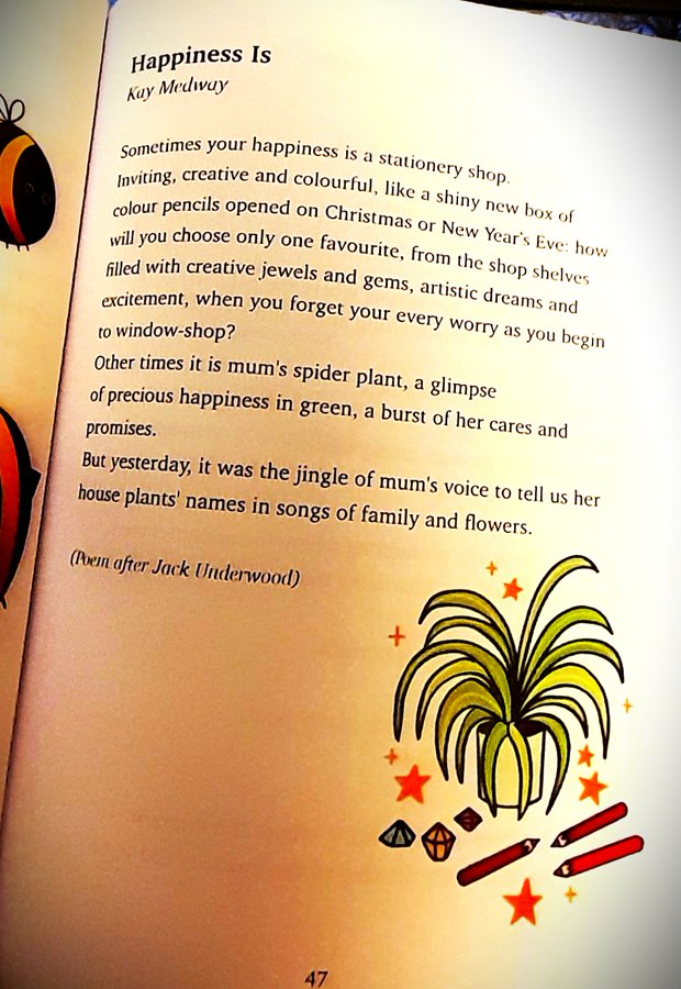 TweetsbyKayM10's tweet photo. @KateClanchy1 Happiness is my poem for children in the #ChasingClouds @TheDirigible #anthology. The poem is after Jack Underwood, and I completed an exercise in How To Grow Your Own Poem to write this poem @KateClanchy1 @_SwiftPress https://t.co/ROMcUVNGj4