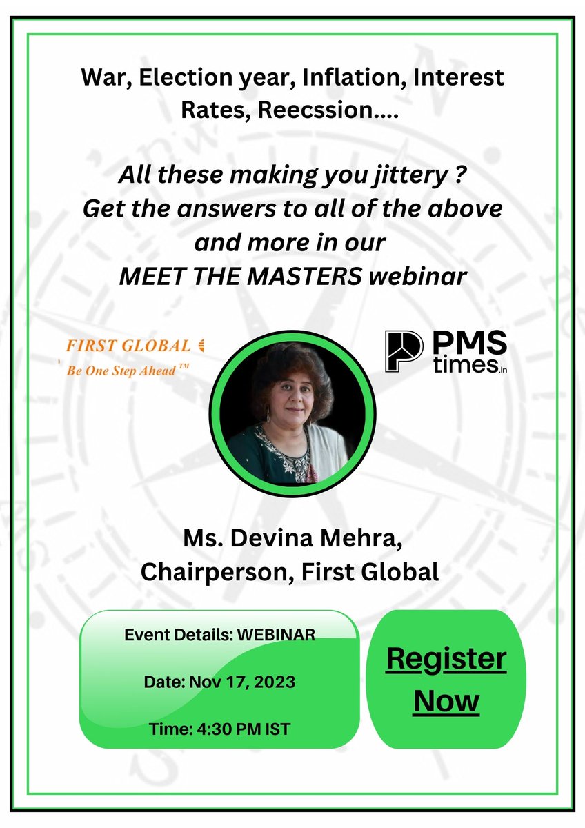 pmstimesindia's tweet photo. Interested in knowing where's stock market headed? Learn frm the best brain on Indian and Global Markets. 
Happy to host @devinamehra of @firstglobalsec for a webinar tomorrow 17th Nov @ 4:30 PM with @cg_chetangill @Harbir_S @VarunPa41144119 
Joining Link: https://t.co/52hqwaoA9F https://t.co/9Snj9kF8zL
