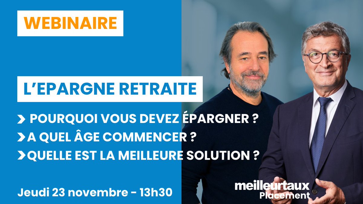 Meilleurtauxcom's tweet photo. WEBINAIRE
📆 Jeudi 23 novembre, 13h30
📑 "Il y a une solution pour sauver votre retraite"
🎙️Animé par @marcfiorentino et @GiraultEg de @Meilleurtaux_pl
Inscription gratuite 👉https://t.co/GGS1RJONqA https://t.co/1HLCMRksr8