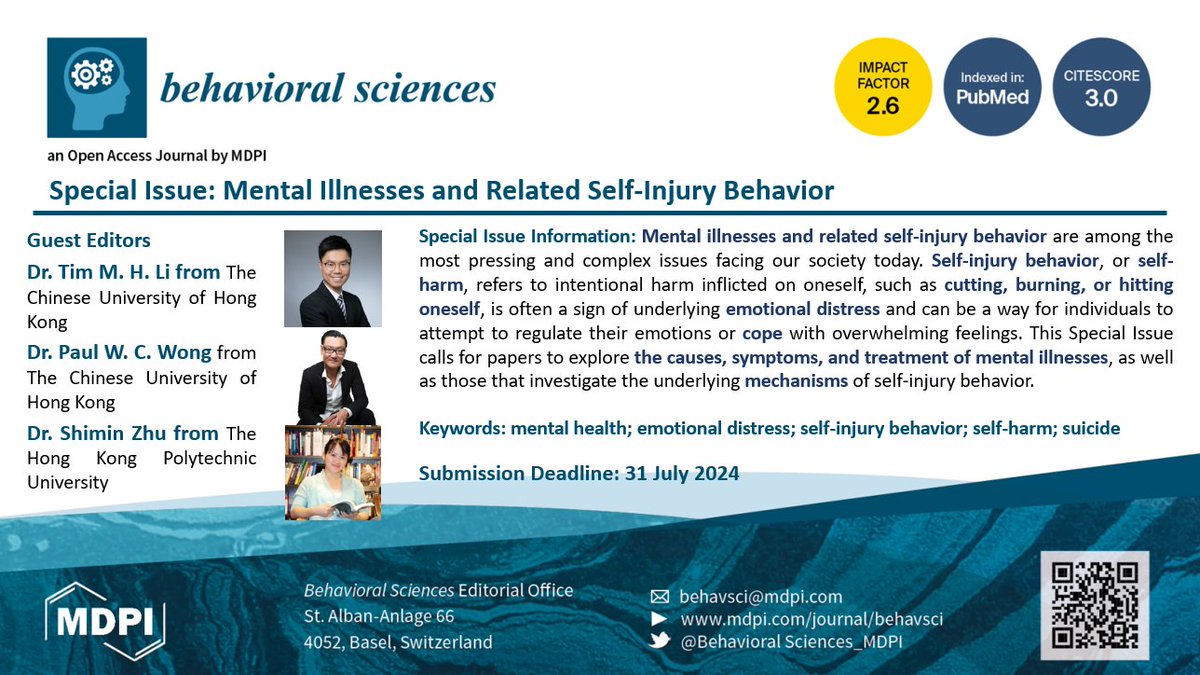 Behavsci_MDPI's tweet photo. 📢Submit your manuscripts to our special issue Mental Illnesses and Related Self-Injury Behavior!

https://t.co/VSrjzDJJVJ

👉Submission Deadline: 31 July 2024

@MDPIOpenAccess #behavsci #mentalhealth https://t.co/6xGYTBw8tb