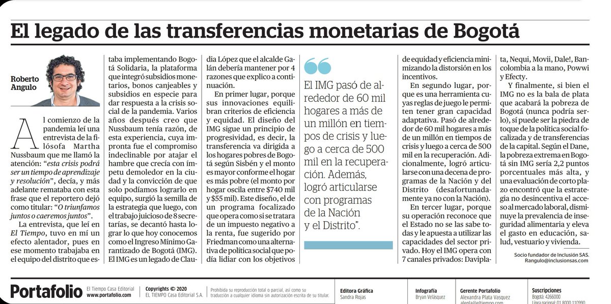 RobertoAnguloS's tweet photo. El legado de las transferencias monetarias de Bogotá

Cuatro razones para que el alcalde @CarlosFGalan mantenga el Ingreso Mínimo Garantizado (#IMG) de @ClaudiaLopez. 

Mi columna de esta semana en @Portafolioco
https://t.co/OSERuD4Ski https://t.co/zs3GPtQX4R
