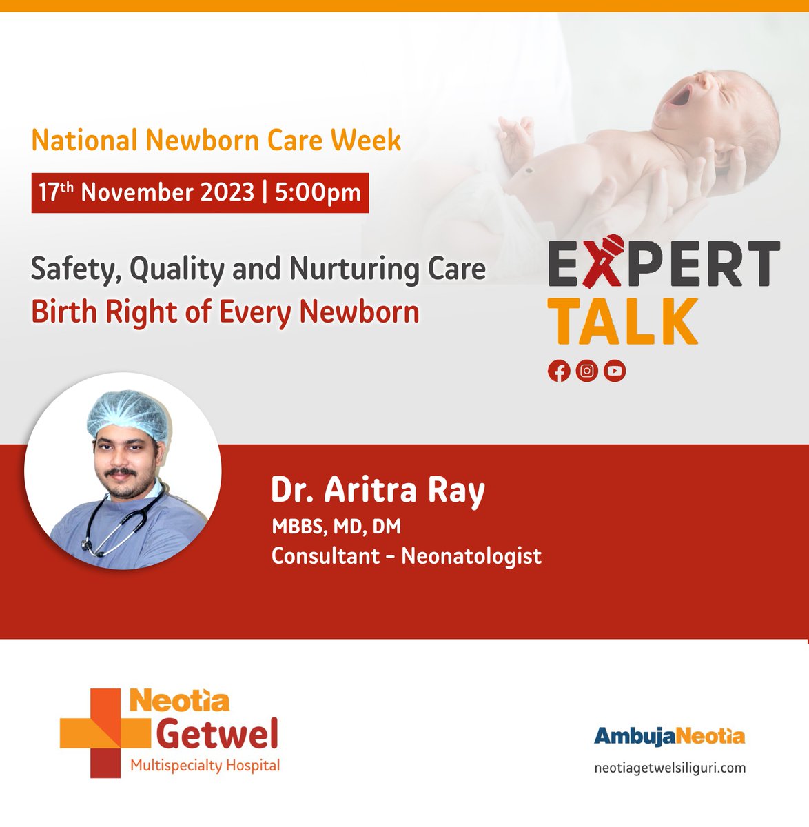 ngmh_official's tweet photo. On 17th November 2023, Dr. Aritra Ray, MBBS, MD, DM, Consultant - Neonatologist, will elaborate on the essential practices that ensure the well-being and healthy development of infants during their first few weeks of life.

#Siliguri #Newborncareweek #neonatalcare #NeotiaGetwel https://t.co/UPQVbYDcU6