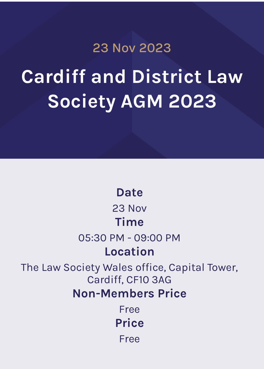 Join us for our AGM where our president <a href="/JenineAbdo/">Jenine Abdo</a> hands over to our new Council, led by our next president <a href="/CLAREBEARR/">Clare</a>  

Thurs 23 November, <a href="/LawSocWales/">The Law Society Wales - Cymdeithas y Cyfreithwyr</a> office
5:30pm for 6pm start (followed by informal drinks)

All are welcome to attend

cardifflaw.org/events/cardiff…

#legalcardiff