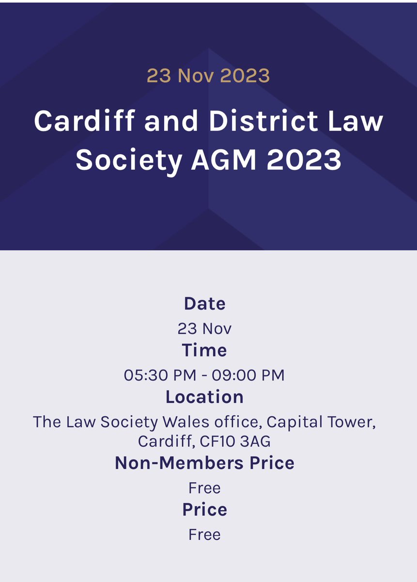 Join us for our AGM where our president @JenineAbdo hands over to our new Council, led by our next president @CLAREBEARR Thurs 23 November, @LawSocWales office 5:30pm for 6pm start (followed by informal drinks) All are welcome to attend cardifflaw.org/events/cardiff… #legalcardiff