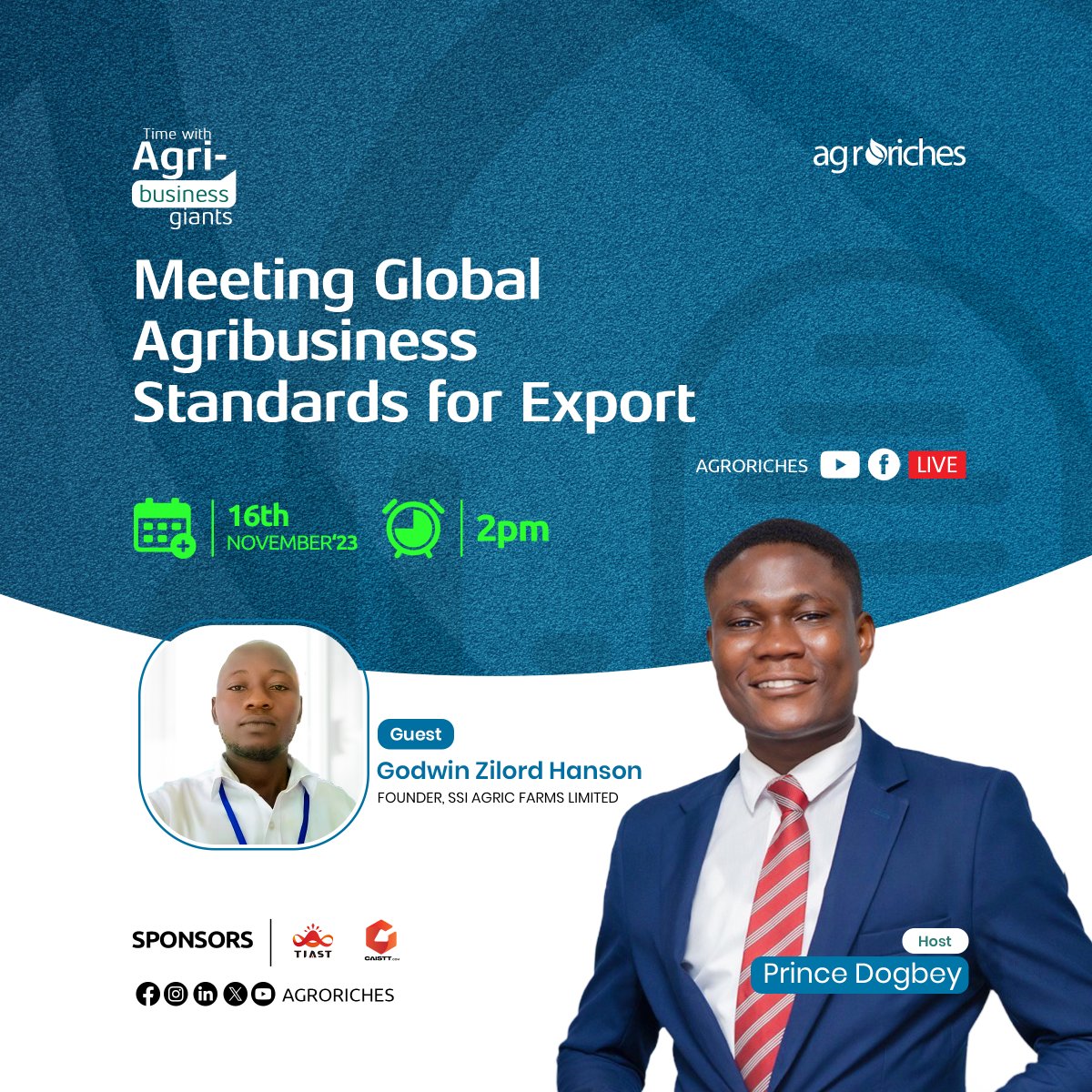 Achieving Global Agribusiness standards for export is our focus! Join us live today at 2 pm on Facebook and YouTube as we explore the requirements necessary to meet the standards for exporting your products. Don't miss out!

#export #Standardization #tiastgroup #youthdevelopment