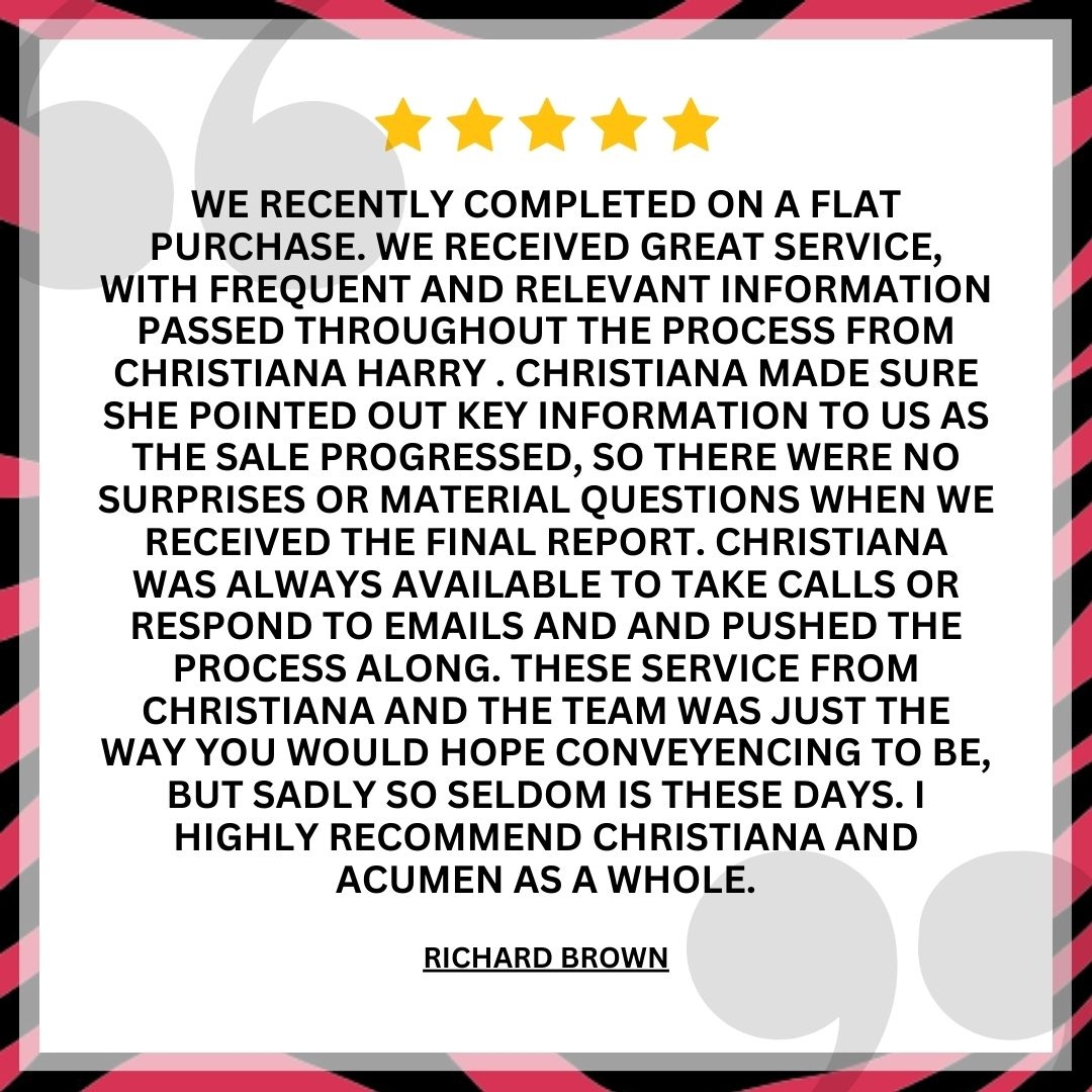 Thank you Richard for a flying 5 ⭐ ⭐ ⭐ ⭐ ⭐ review

Christiana Harry and the Conveyancing team have pulled it out of the bag yet again!

Great team delivers great work !

#thursdaymotivation #thursdaythanks #review