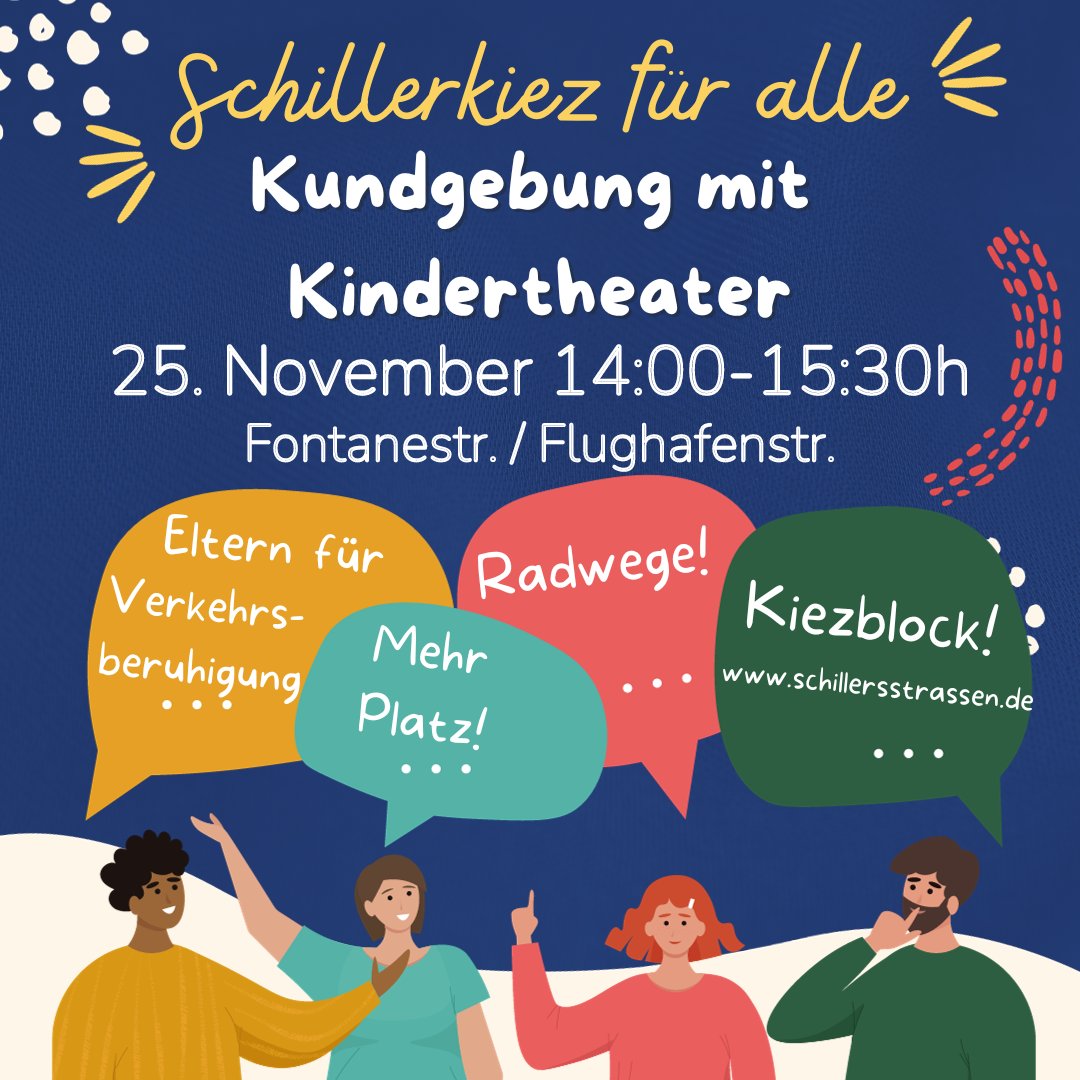 Schillerblock's tweet photo. Das Verkehrskonzept für den Schillerkiez ist in Arbeit. Wir wünschen uns eine Sperrung der Fontanestr. und probieren dies am 25.11. ab 14:00h einmal aus. Für die Kinder gibt es Theater. Herzlich Willkommen! #schillerkiezfueralle https://t.co/sTiMQNrSM0