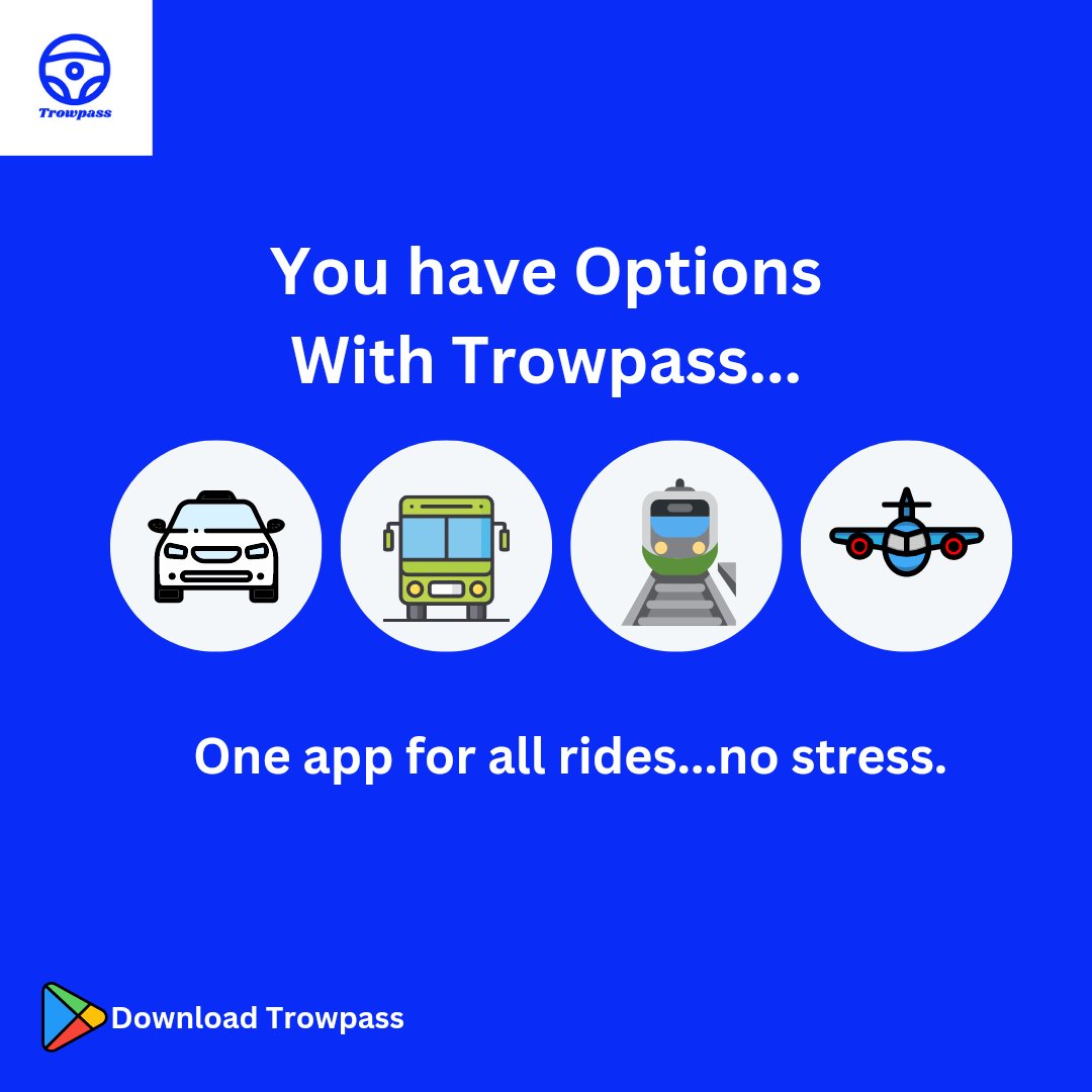 You have options with Trowpass.
Don't just move!
Move smarter with Trowpass.
#availableonplaystore
#oneappforallrides
#mobility