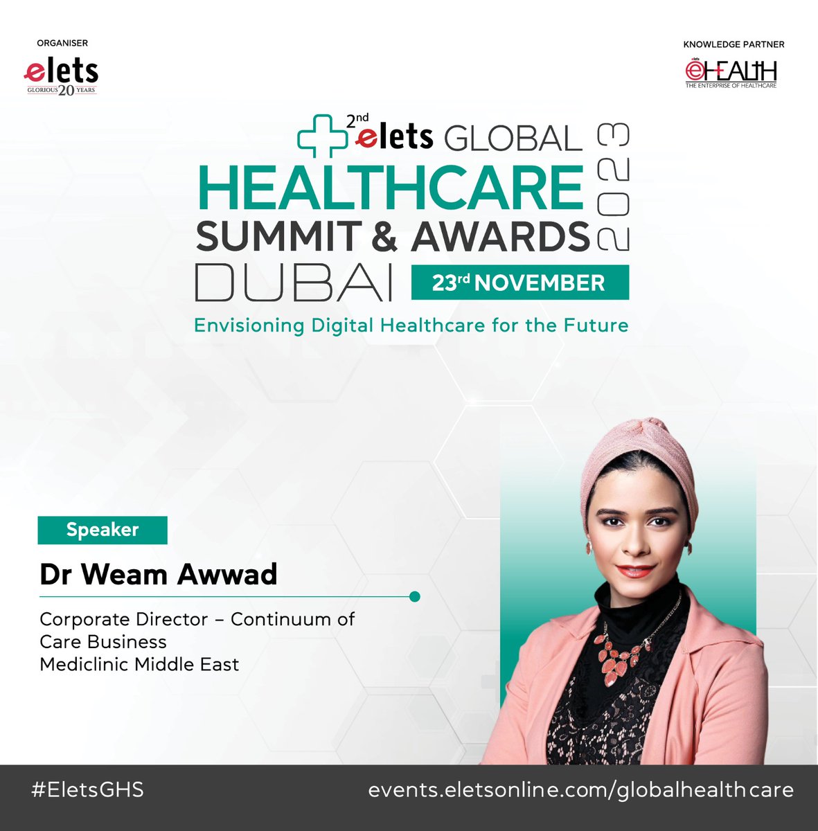 ehealthonline's tweet photo. Meet our Star Speaker Dr Weam Awwad, Corporate Director – Continuum of Care Business, Mediclinic Middle East for the 2nd Elets Global Healthcare Summit & Awards.
Venue: Millennium Plaza Downtown Hotel, Dubai
Register as Delegate: https://t.co/9E48KPmhpc
#EletsGHS https://t.co/fCkVURmU2K