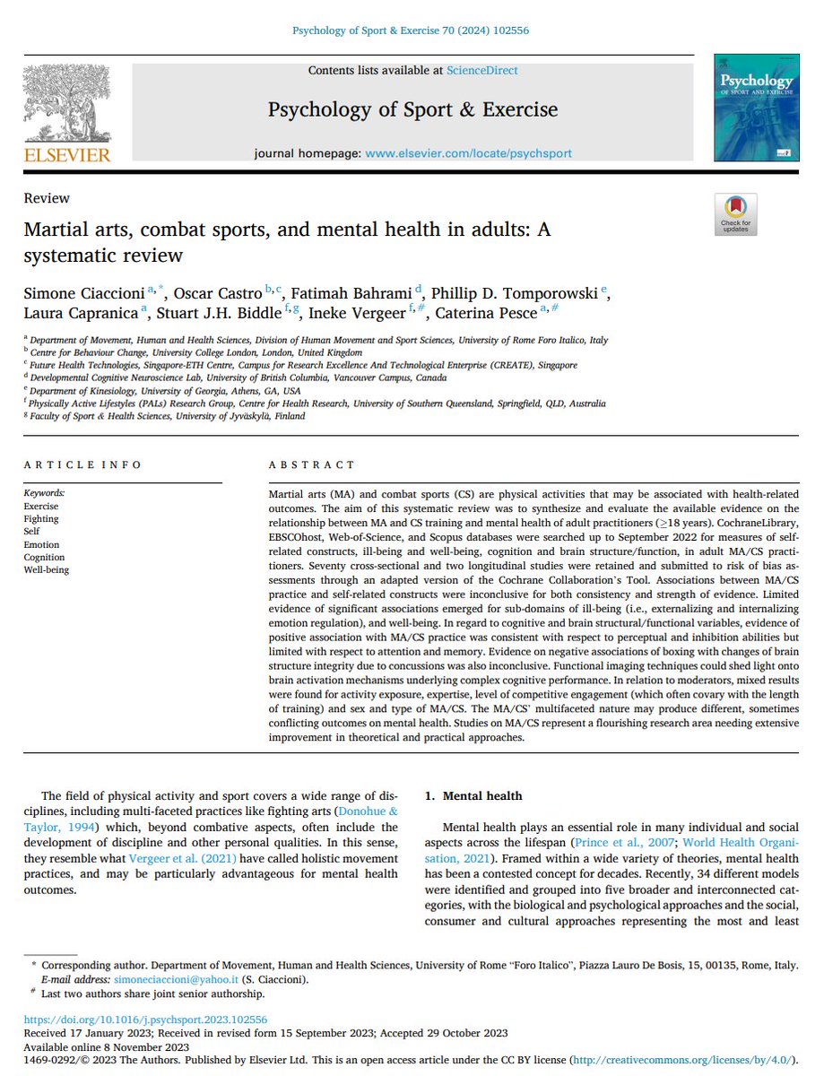 SimoneCiaccioni's tweet photo. 🥋 New Research Alert! Exciting findings on Martial Arts, Combat Sports, and Adult Mental Health by an international dream team!

📄 Read Full Paper: https://t.co/yM10jswv2w

#MartialArts #CombatSports #MentalHealth #Research #Science

⚠️Pdf: https://t.co/WAuFKNMrLq https://t.co/KnPvDOK8EW